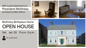Photos of the Birthplace Home's exterior and interior appear beside text describing the event (time, date, location, and the statement that Mike Wilson will be portraying McKinley).