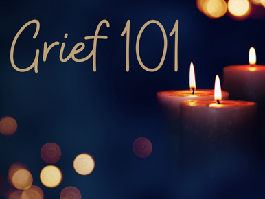 The text reads "Grief 101" over a candle setting.