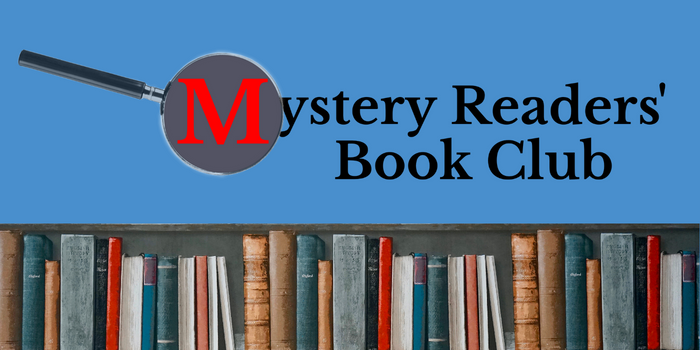 Mystery Readers' Book Club Logo above a shelf of books.