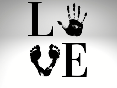 "LOVE" spelled out in letters and symbols. A hand for the letter "A" and 2 feet forming the letter "V".