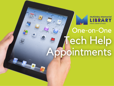 To the left is a photo of hands holding a tablet. Text on the right reads: One-on-One Tech Help Appointments